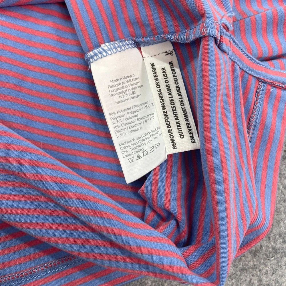 J Crew Performance Mens Polo Shirt M Blue and Red Striped Short Sleeve Golf